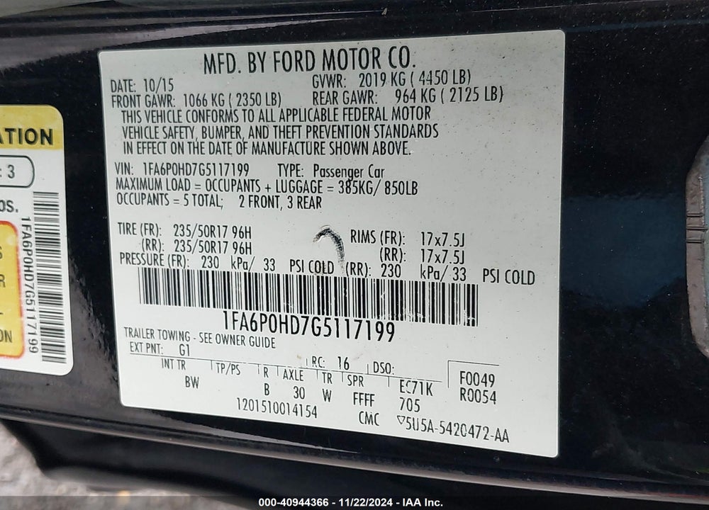 2016 FORD FUSION SE VIN: 1FA6P0HD7G5117199