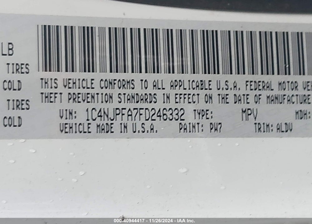2015 JEEP PATRIOT HIGH ALTITUDE EDITION VIN: 1C4NJPFA7FD246332