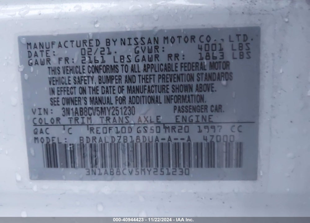 2021 NISSAN SENTRA VIN: 3N1AB8CV5MY251230