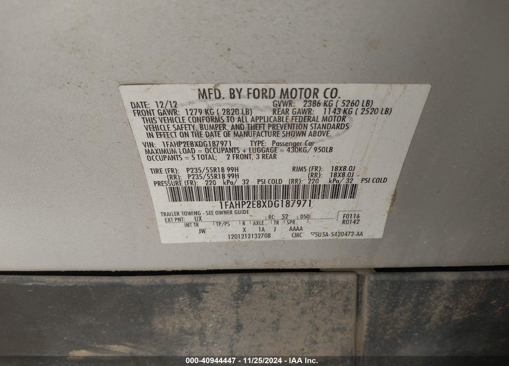 2013 FORD TAURUS SEL VIN: 1FAHP2E8XDG187971