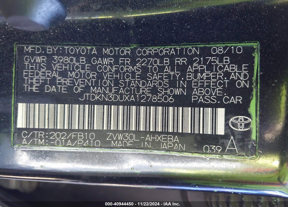 2010 TOYOTA PRIUS II VIN: JTDKN3DUXA1278506