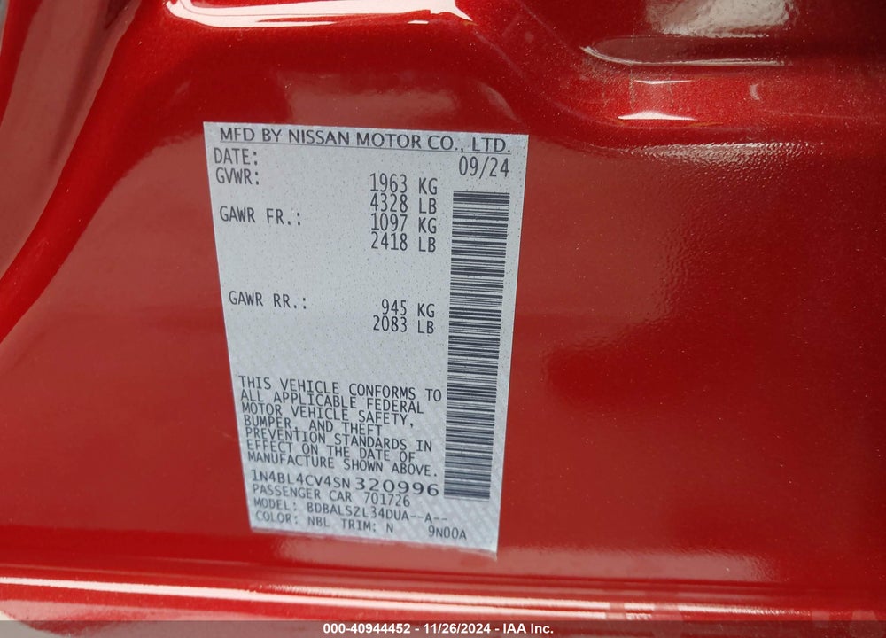 2025 NISSAN ALTIMA VIN: 1N4BL4CV4SN320996
