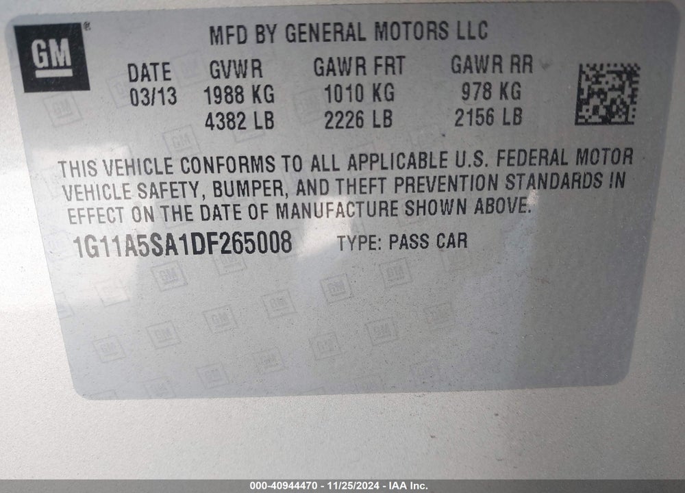 2013 CHEVROLET MALIBU 1FL VIN: 1G11A5SA1DF265008