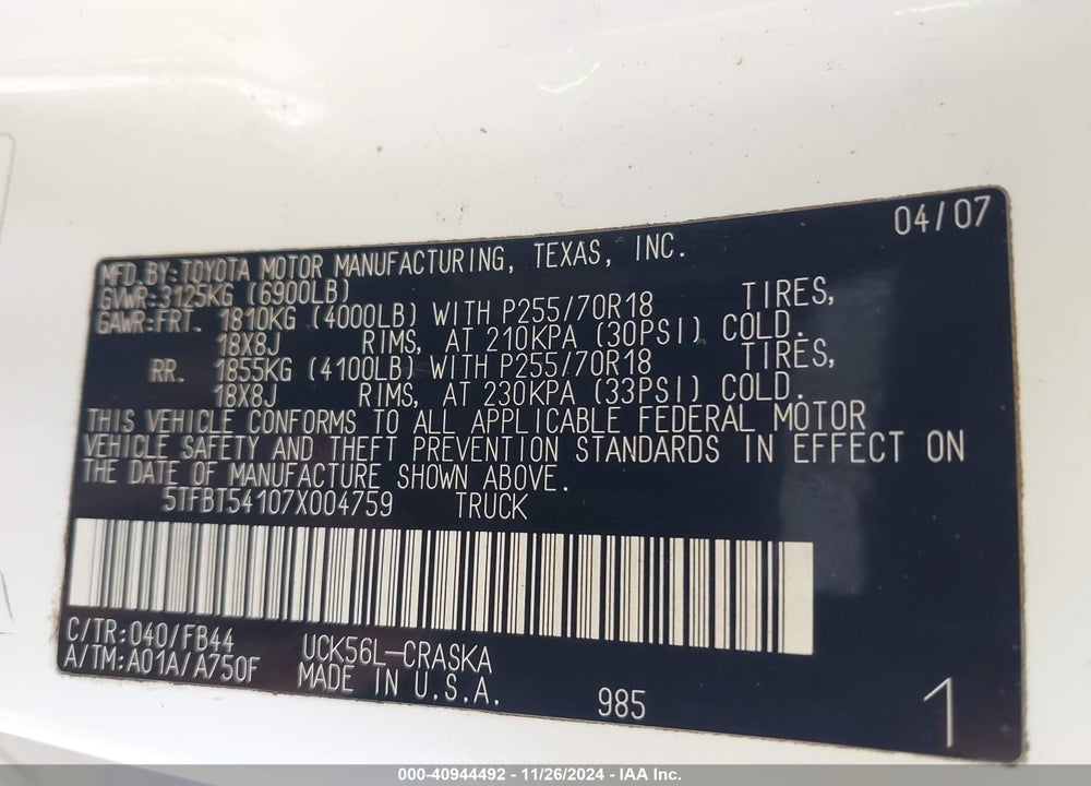 2007 TOYOTA TUNDRA VIN: 5TFBT54107X004759