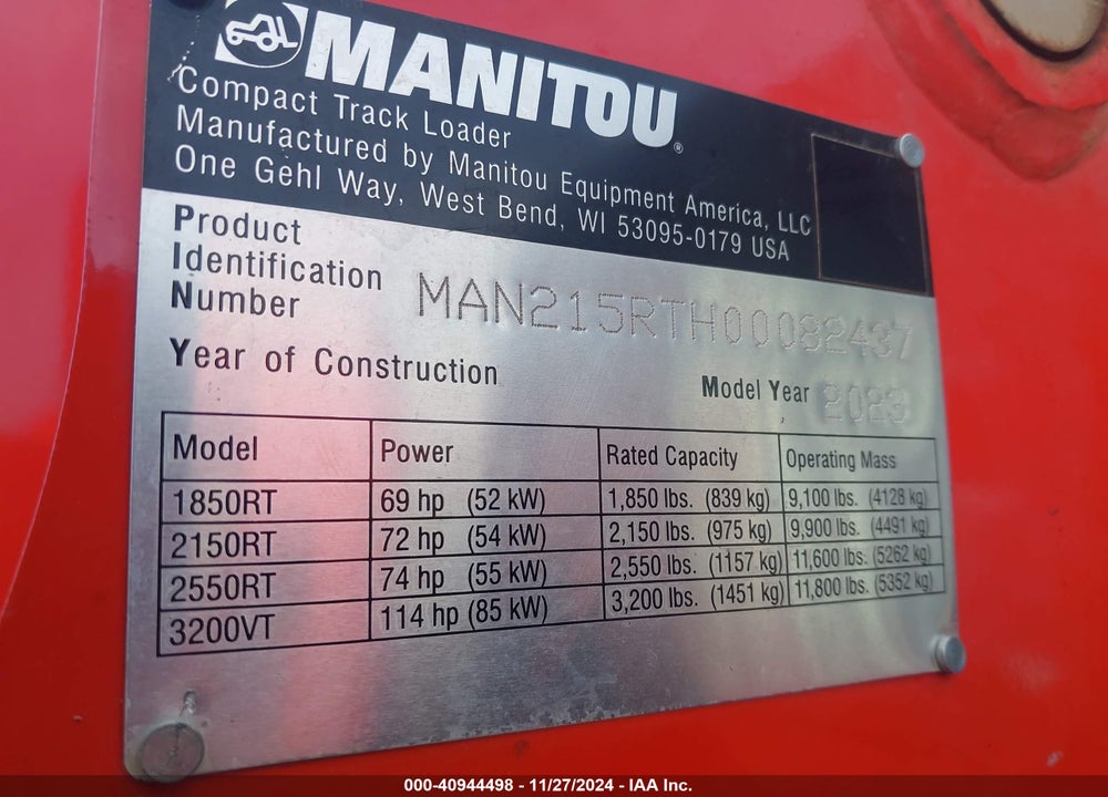 2023 MANITOU 2150RT VIN: MAN215RTH00082437
