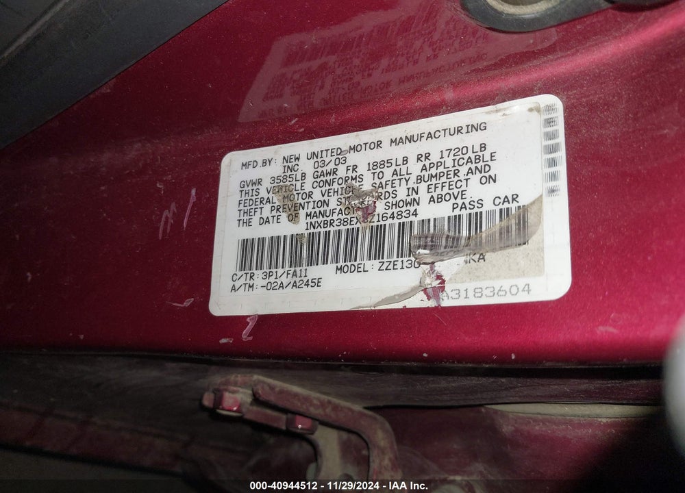 2003 TOYOTA COROLLA LE VIN: 1NXBR38EX3Z164834