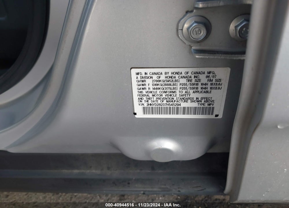 2007 ACURA MDX VIN: 2HNYD28237H545294