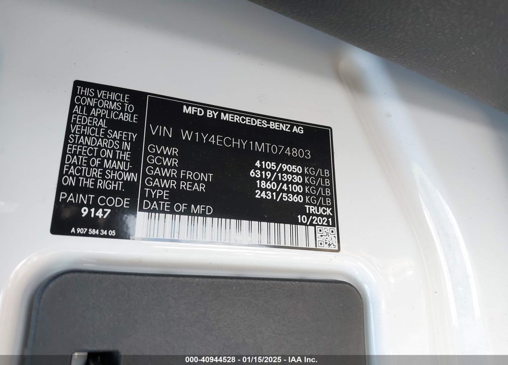 2021 MERCEDES-BENZ SPRINTER 2500 HIGH ROOF V6 VIN: W1Y4ECHY1MT074803
