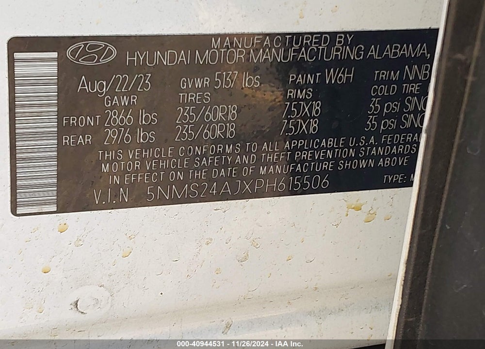 2023 HYUNDAI SANTA FE SEL VIN: 5NMS24AJXPH615506