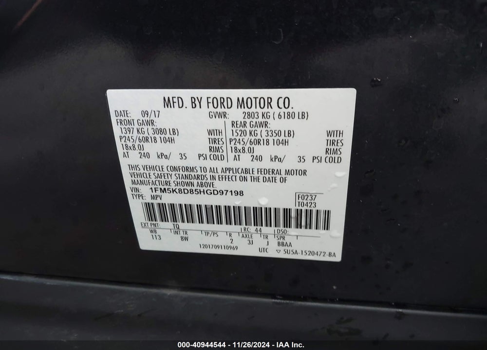2017 FORD EXPLORER XLT VIN: 1FM5K8D85HGD97198