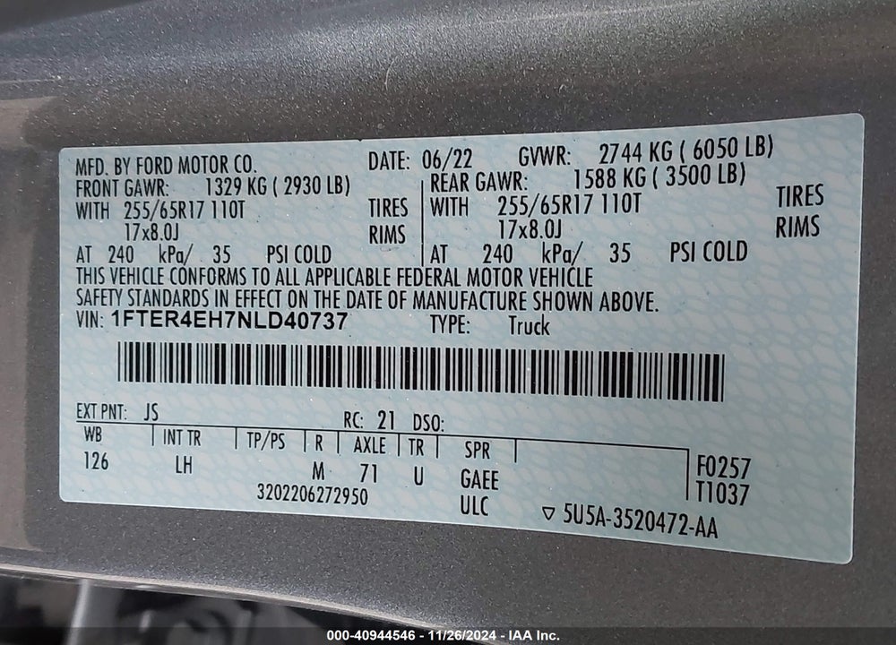 2022 FORD RANGER XL VIN: 1FTER4EH7NLD40737