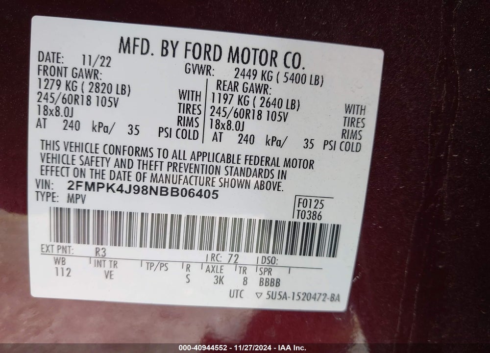 2022 FORD EDGE SEL VIN: 2FMPK4J98NBB06405
