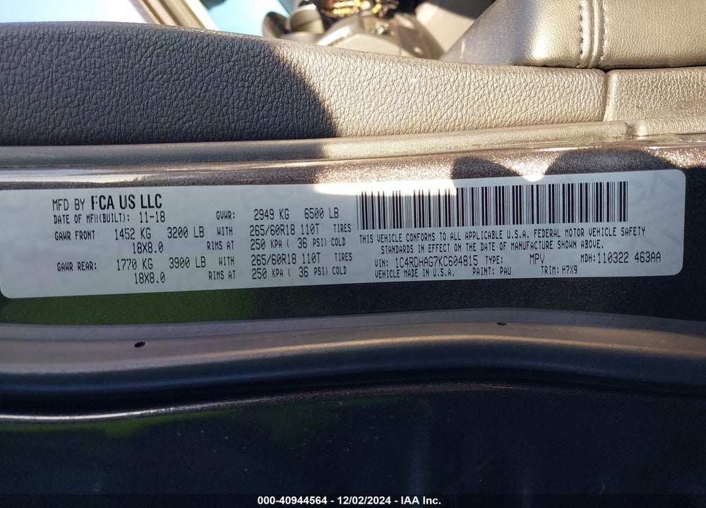 2019 DODGE DURANGO SXT RWD VIN: 1C4RDHAG7KC604815