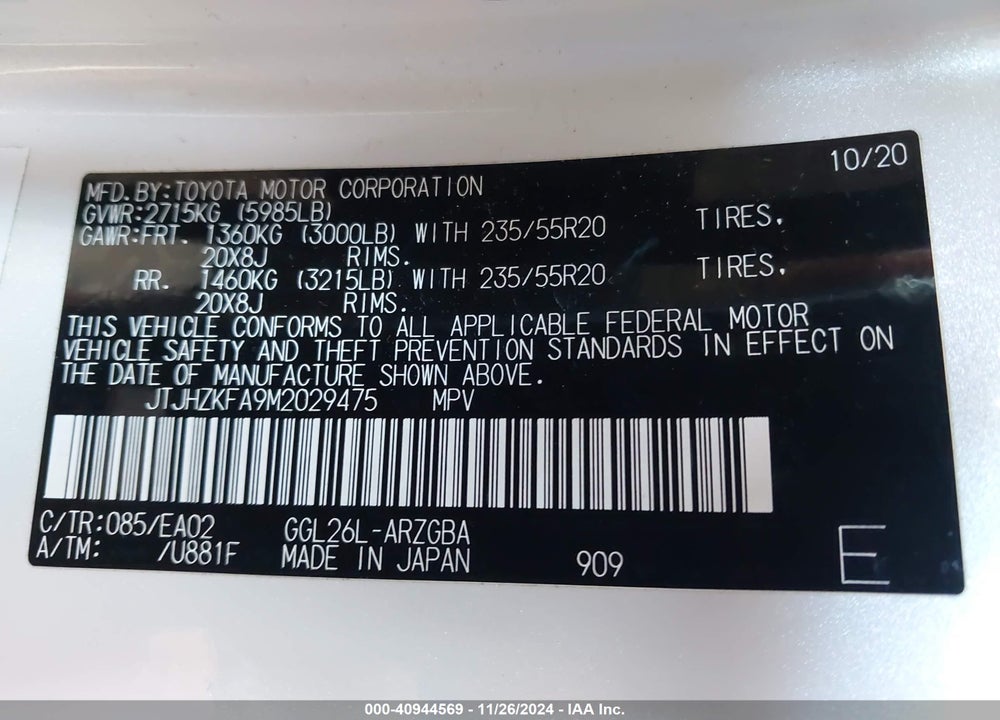 2021 LEXUS RX350L VIN: JTJHZKFA9M2029475