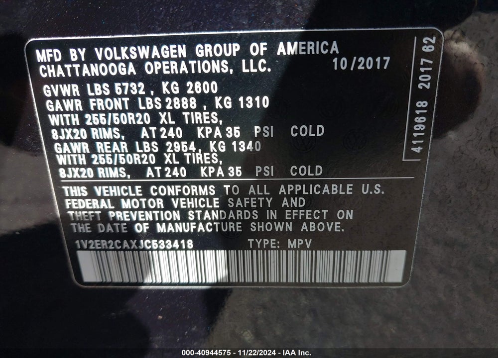 2018 VOLKSWAGEN ATLAS 3.6L V6 SEL VIN: 1V2ER2CAXJC533418