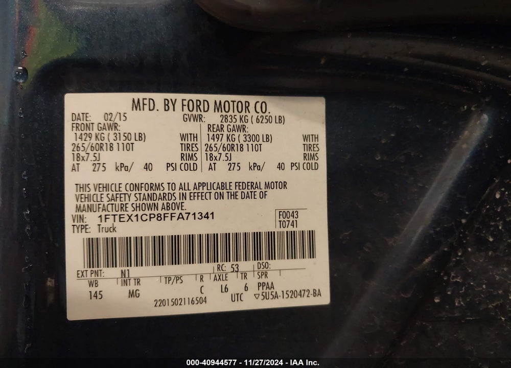 2015 FORD F-150 VIN: 1FTEX1CP8FFA71341