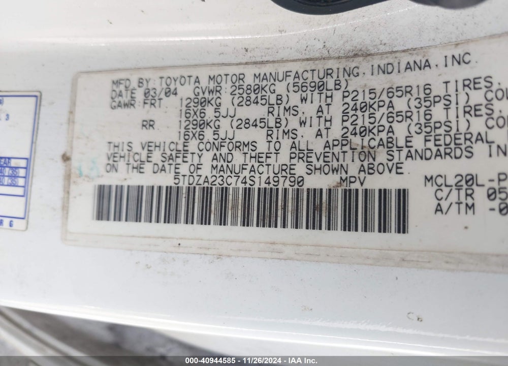 2004 TOYOTA SIENNA LE VIN: 5TDZA23C74S149790