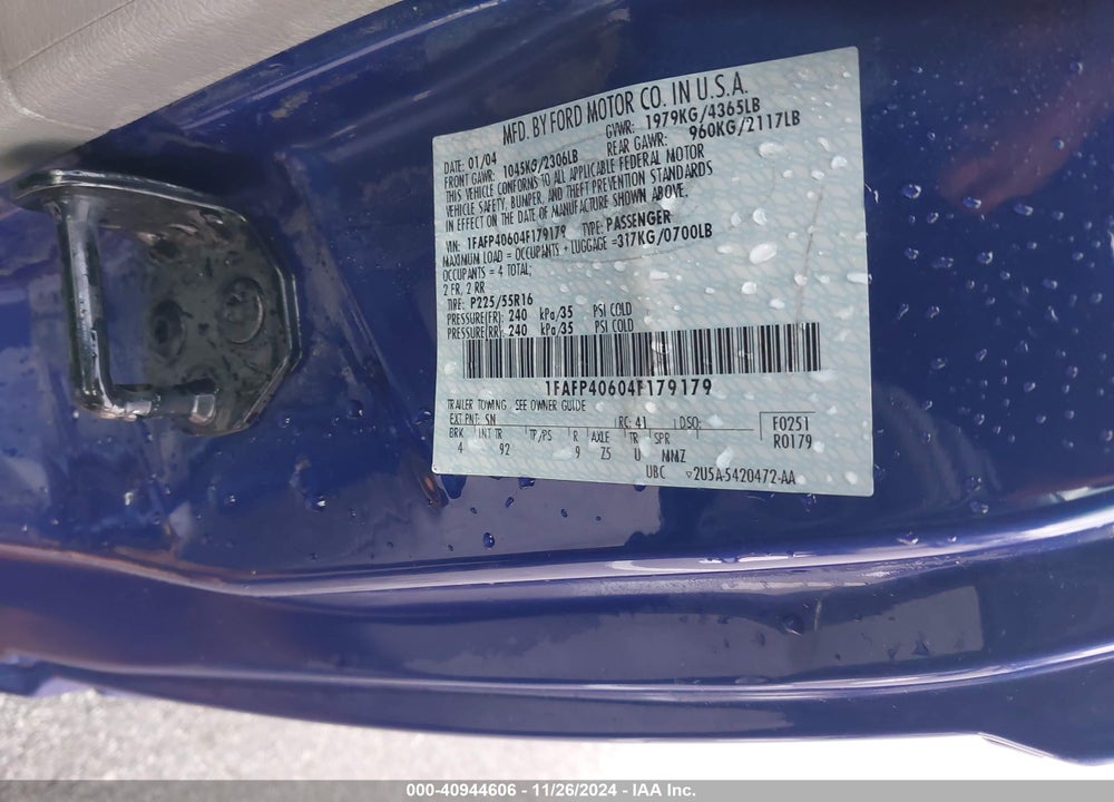 2004 FORD MUSTANG VIN: 1FAFP40604F179179
