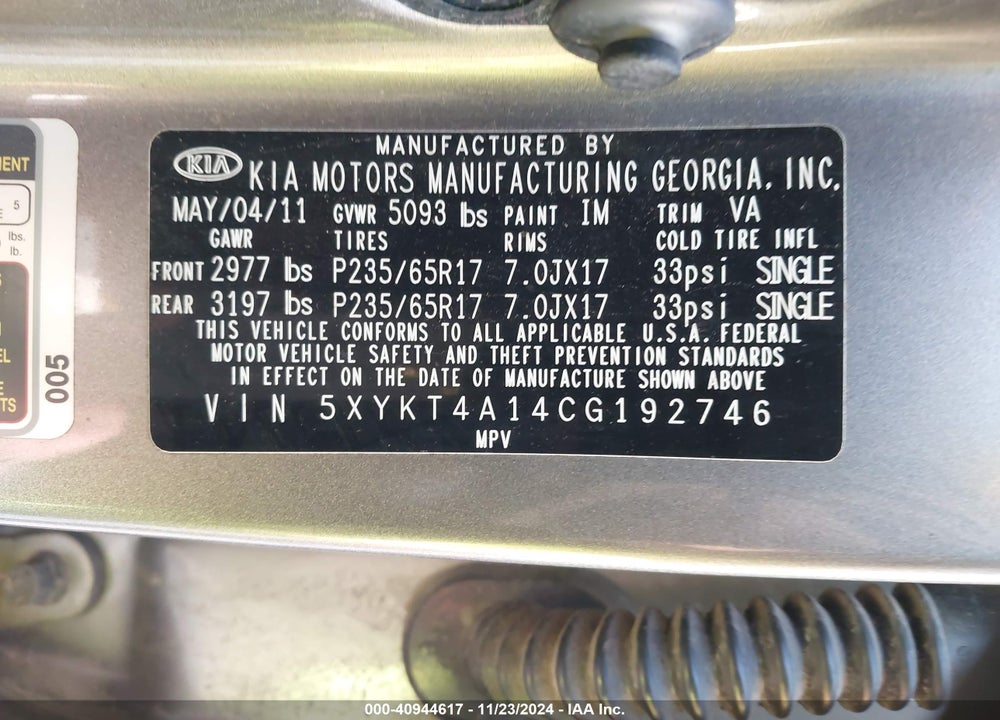 2012 KIA SORENTO LX VIN: 5XYKT4A14CG192746