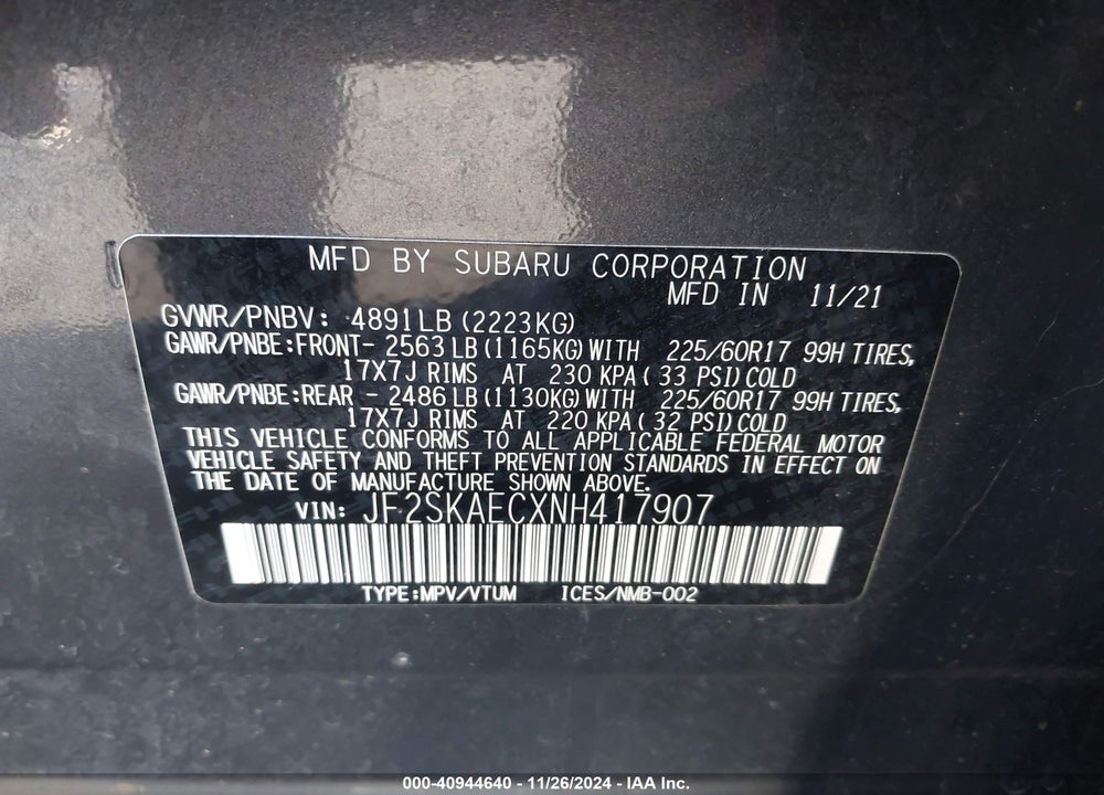 2022 SUBARU FORESTER PREMIUM VIN: JF2SKAECXNH417907
