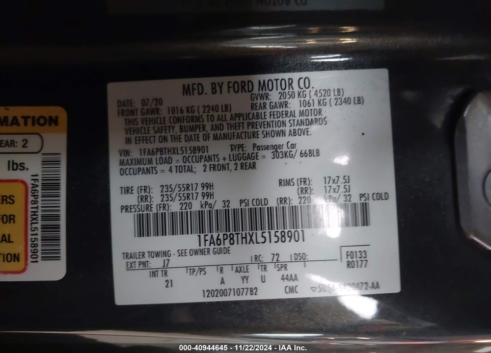2020 FORD MUSTANG VIN: 1FA6P8THXL5158901
