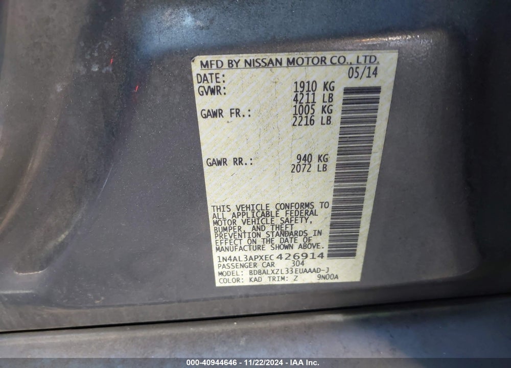 2014 NISSAN ALTIMA 2.5 SL VIN: 1N4AL3APXEC426914