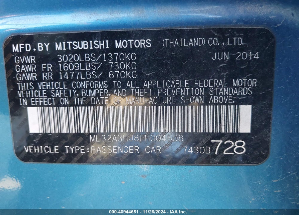 2015 MITSUBISHI MIRAGE DE/RF VIN: ML32A3HJ8FH004508
