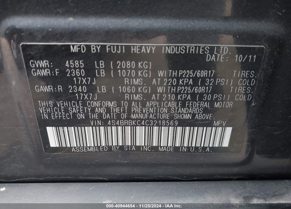 2012 SUBARU OUTBACK 2.5I LIMITED VIN: 4S4BRBKC4C3218569