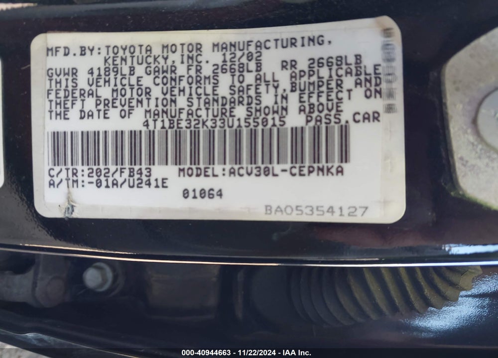 2003 TOYOTA CAMRY LE VIN: 4T1BE32K33U155015