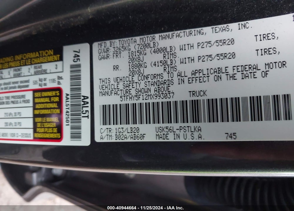 2021 TOYOTA TUNDRA LIMITED VIN: 5TFHY5F12MX993037