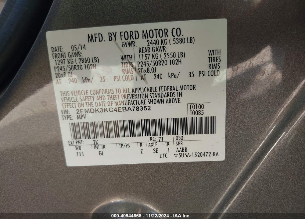 2014 FORD EDGE LIMITED VIN: 2FMDK3KC4EBA78352