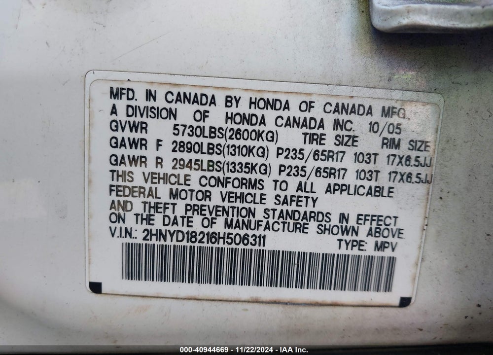 2006 ACURA MDX VIN: 2HNYD18216H506311