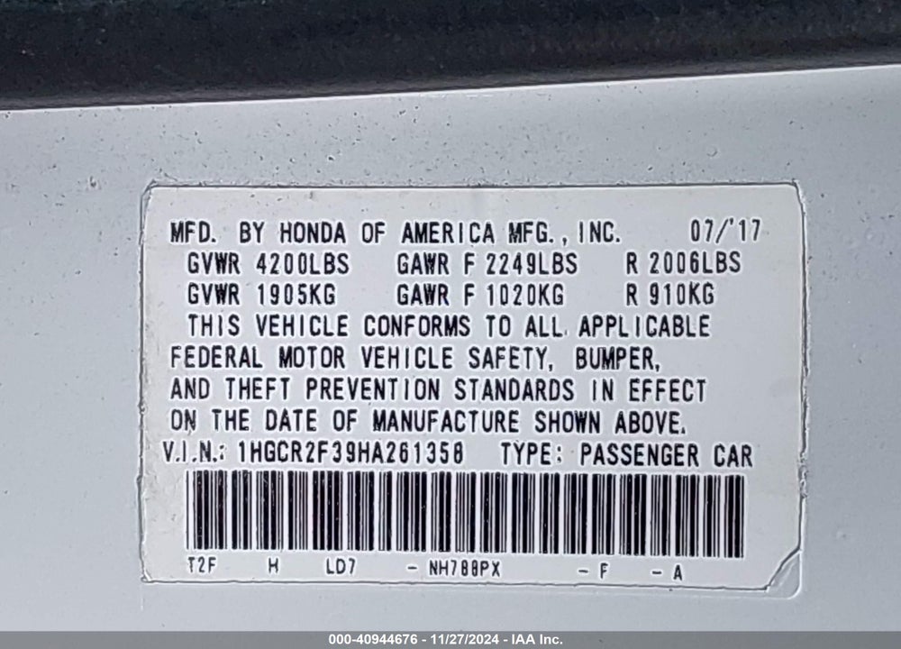 2017 HONDA ACCORD LX VIN: 1HGCR2F39HA261358
