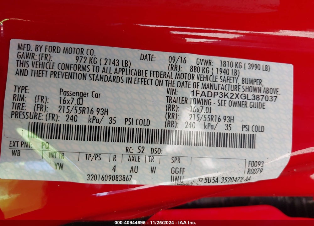 2016 FORD FOCUS SE VIN: 1FADP3K2XGL387037