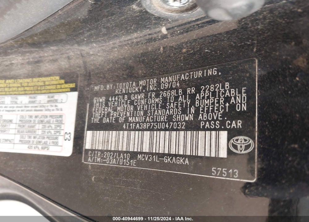 2005 TOYOTA CAMRY SOLARA SLE VIN: 4T1FA38P75U047032