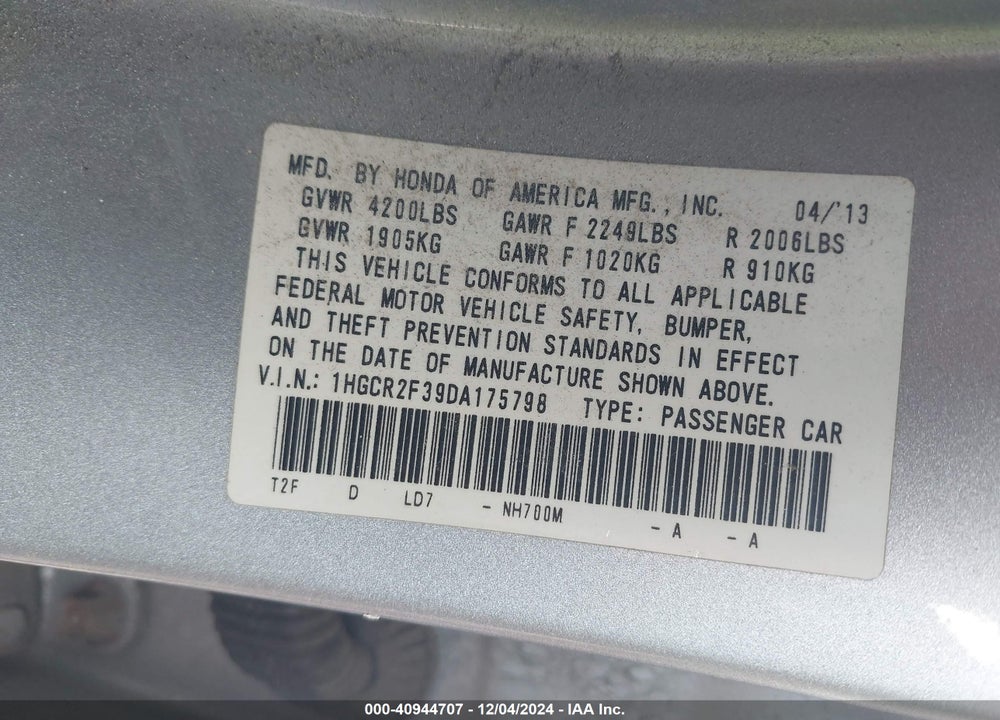 2013 HONDA ACCORD LX VIN: 1HGCR2F39DA175798