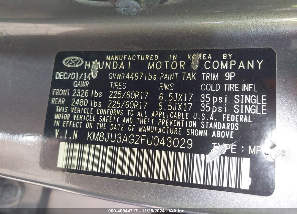 2015 HYUNDAI TUCSON SE VIN: KM8JU3AG2FU043029