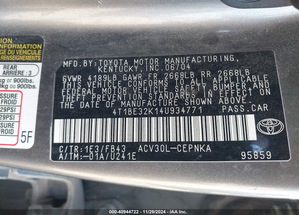 2004 TOYOTA CAMRY LE VIN: 4T1BE32K14U934771