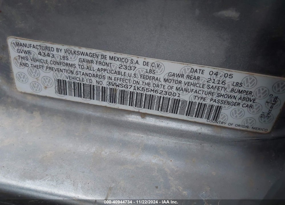 2005 VOLKSWAGEN JETTA 2.5 VIN: 3VWSG71K55M623001
