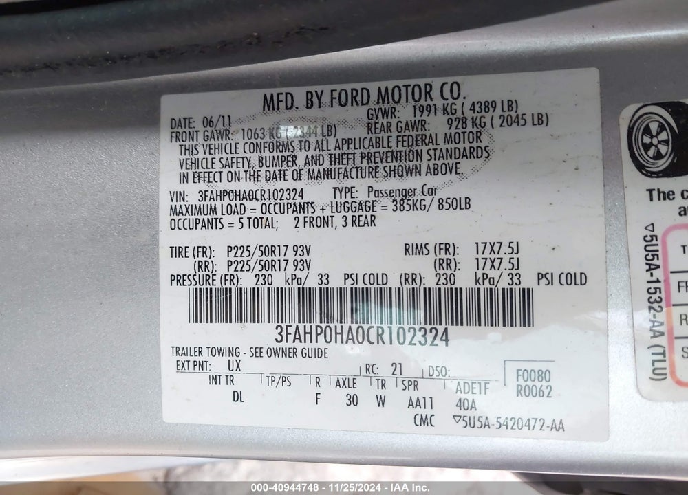 2012 FORD FUSION SE VIN: 3FAHP0HA0CR102324