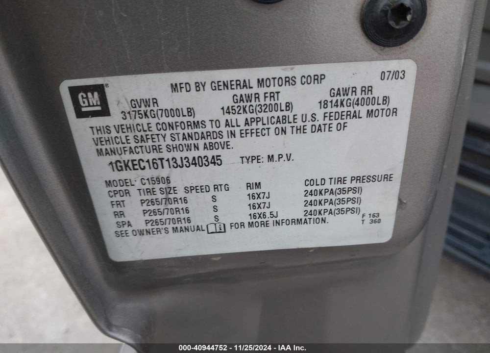 2003 GMC YUKON XL 1500 SLT VIN: 1GKEC16T13J340345