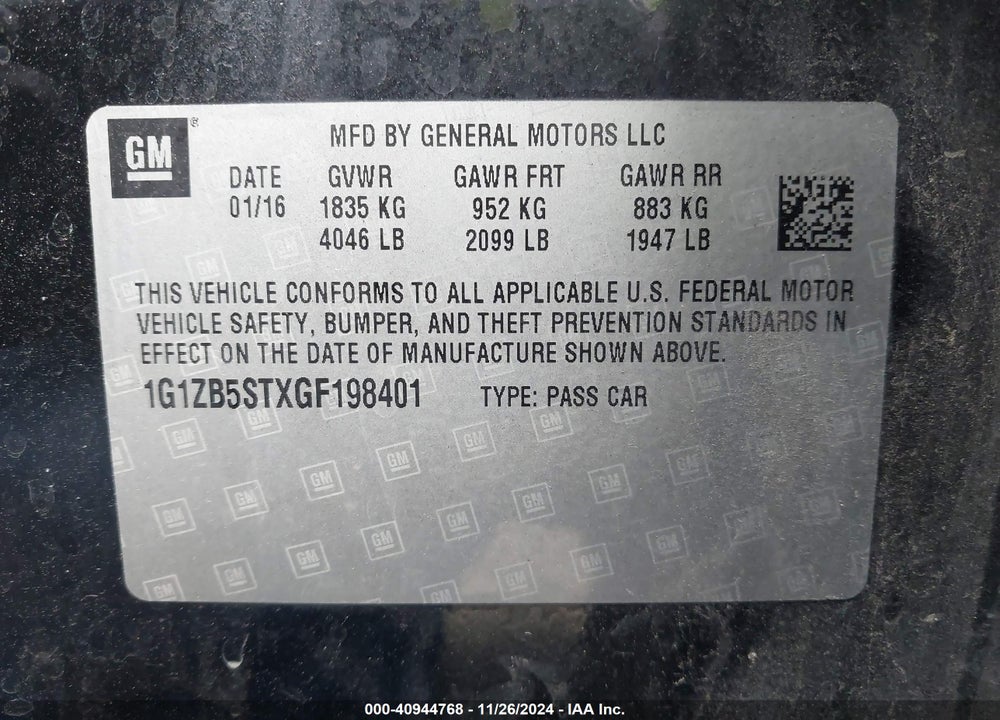 2016 CHEVROLET MALIBU LS VIN: 1G1ZB5STXGF198401