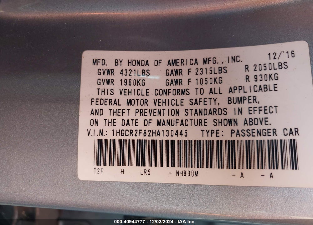 2017 HONDA ACCORD EX-L VIN: 1HGCR2F82HA130445