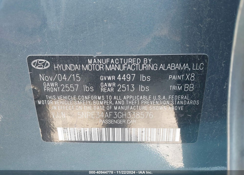 2016 HYUNDAI SONATA SPORT VIN: 5NPE34AF3GH338576