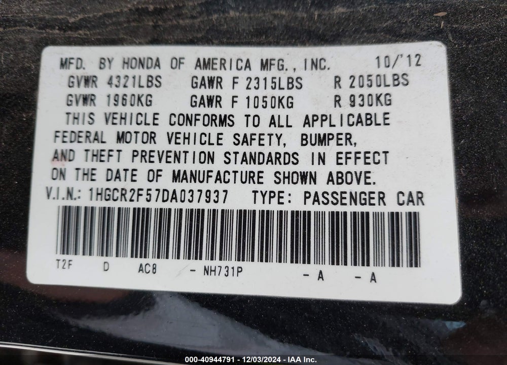 2013 HONDA ACCORD SPORT VIN: 1HGCR2F57DA037937
