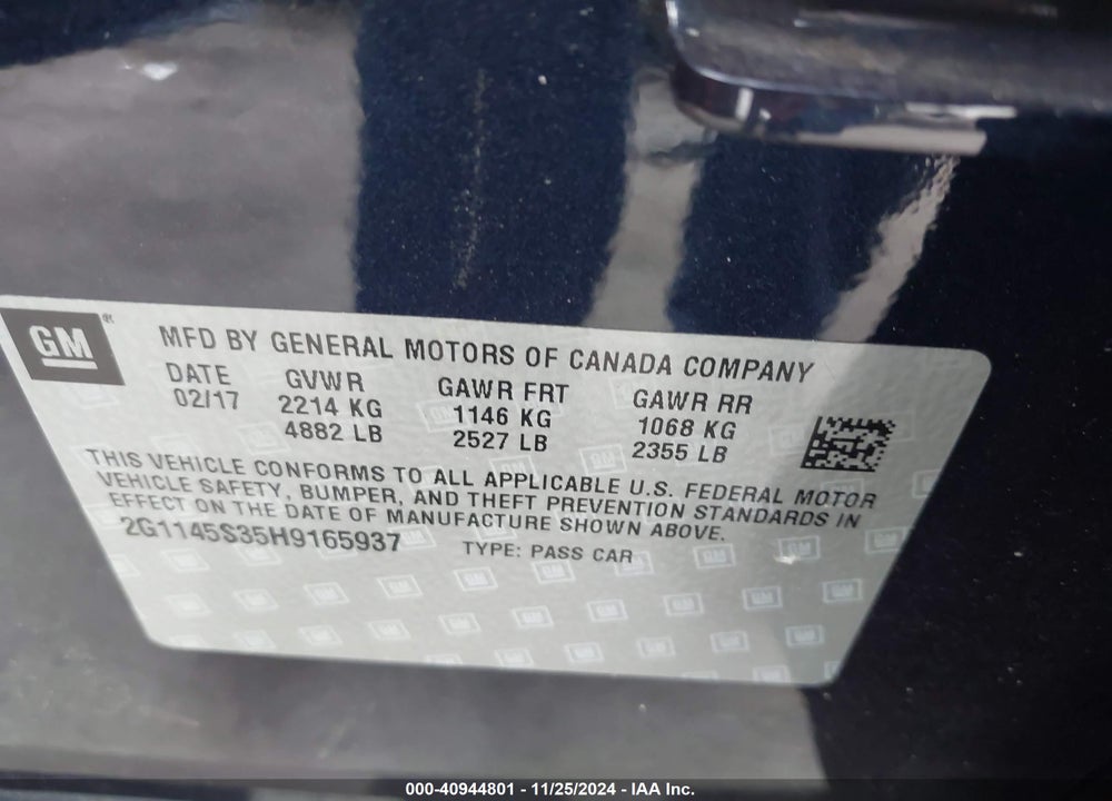 2017 CHEVROLET IMPALA 2LZ VIN: 2G1145S35H9165937