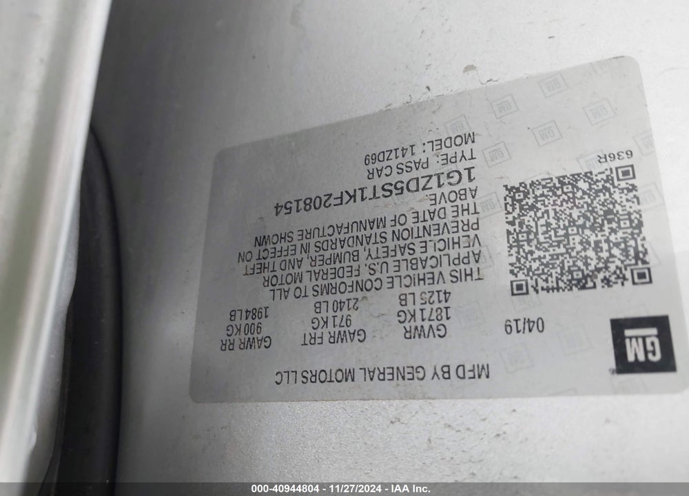 2019 CHEVROLET MALIBU LT VIN: 1G1ZD5ST1KF208154