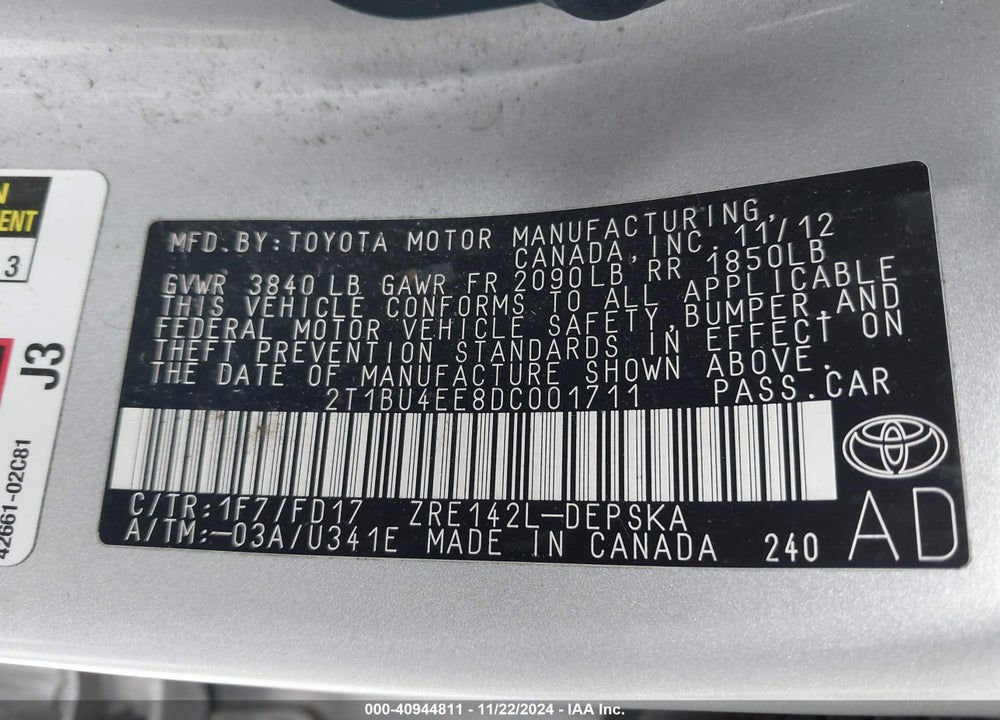 2013 TOYOTA COROLLA S VIN: 2T1BU4EE8DC001711