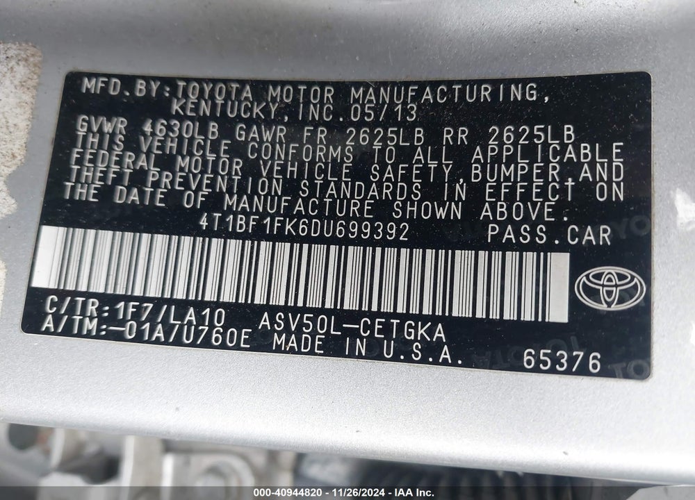 2013 TOYOTA CAMRY XLE VIN: 4T1BF1FK6DU699392