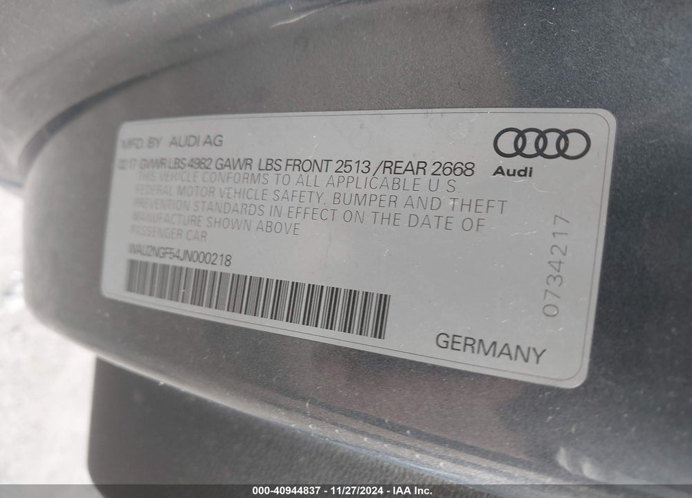 2018 AUDI A5 VIN: WAU2NGF54JN000218